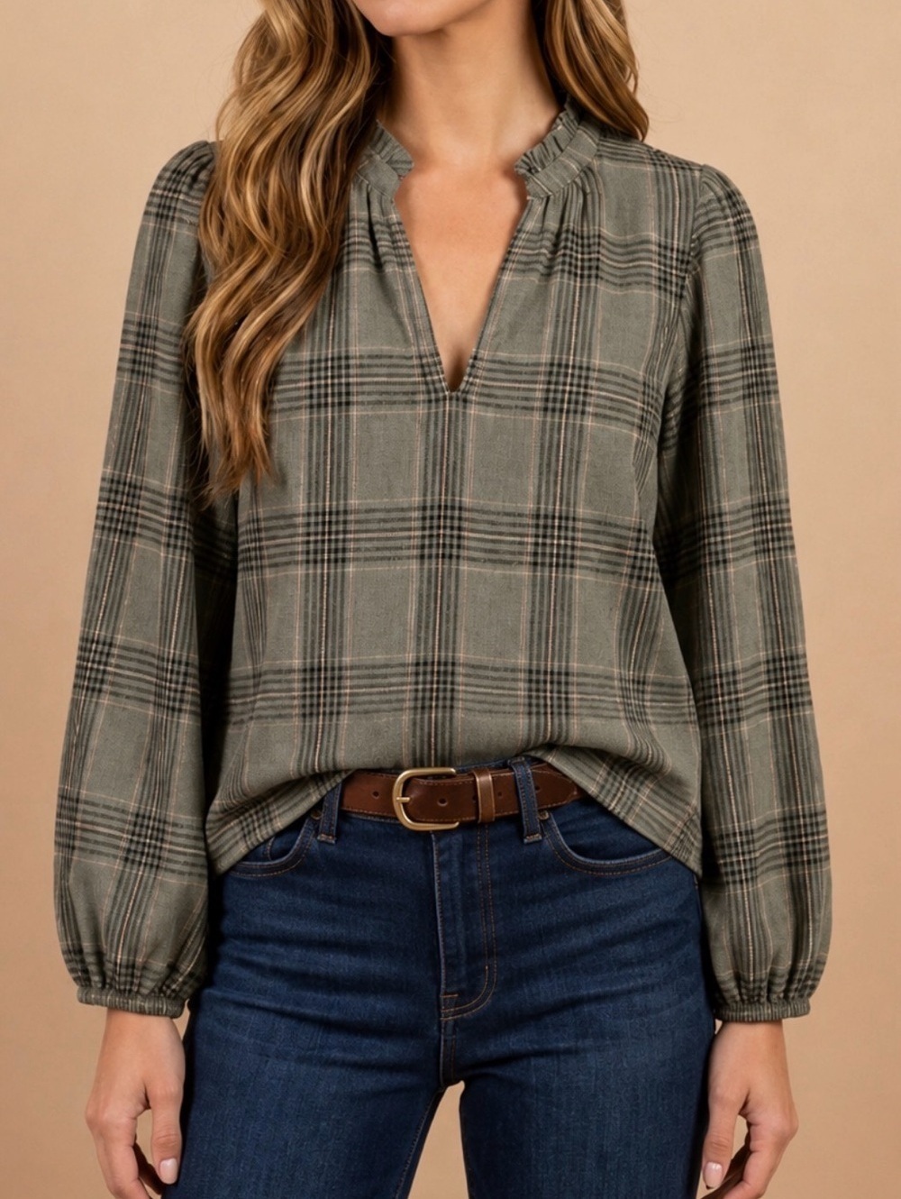 Evereve Gray Pink Plaid Split Neck Blouse Medium Long Sleeve